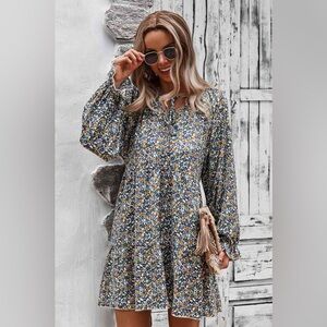 Floral Long Sleeve A Line Dress